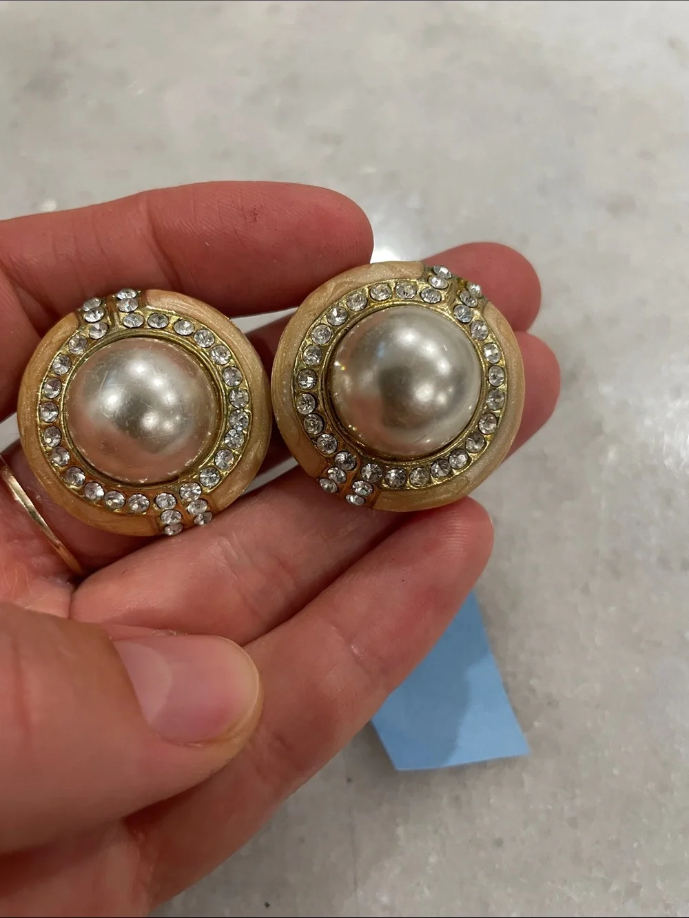 Pearl and Crystal Round Clip-On Earrings - Gold and Cream